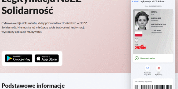 Legitymacja NSZZ Solidarność w aplikacji mObywatel, zawierająca dane osobowe i kod kreskowy.