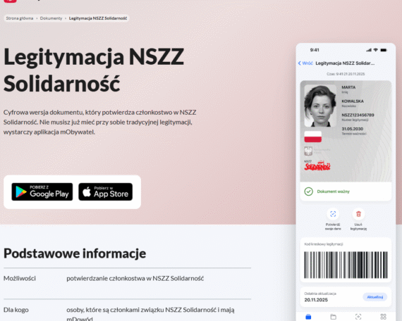 Legitymacja NSZZ Solidarność w aplikacji mObywatel, zawierająca dane osobowe i kod kreskowy.