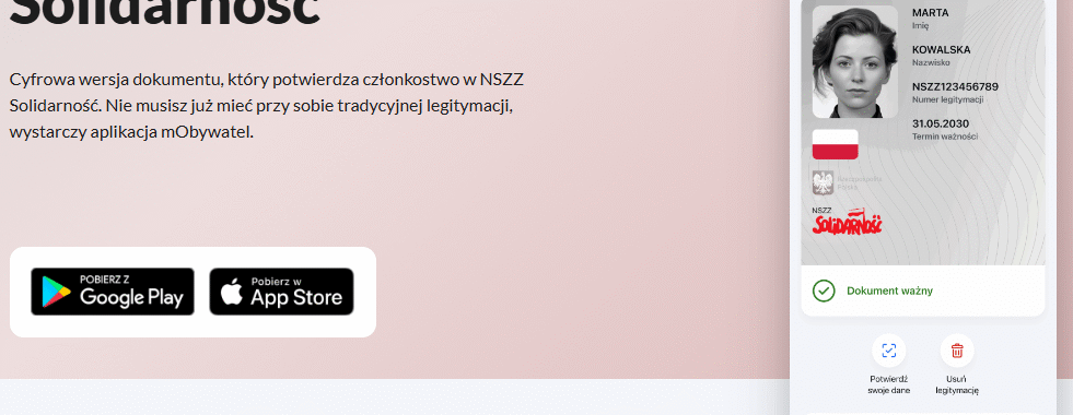 Legitymacja NSZZ Solidarność w aplikacji mObywatel, zawierająca dane osobowe i kod kreskowy.