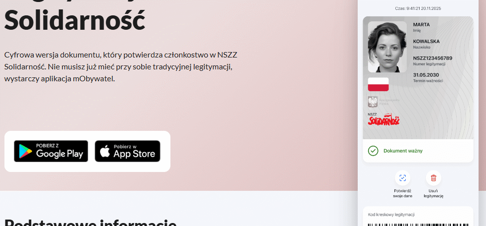 Legitymacja NSZZ Solidarność w aplikacji mObywatel, zawierająca dane osobowe i kod kreskowy.