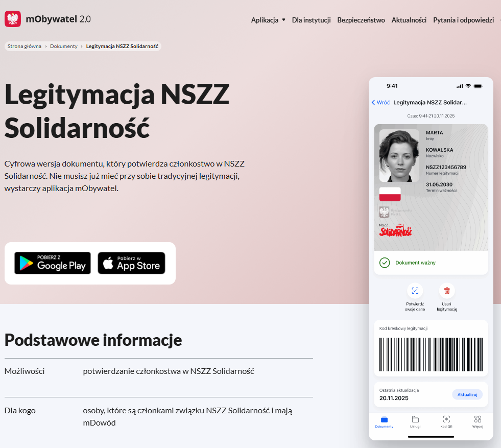 Legitymacja NSZZ Solidarność w aplikacji mObywatel, zawierająca dane osobowe i kod kreskowy.